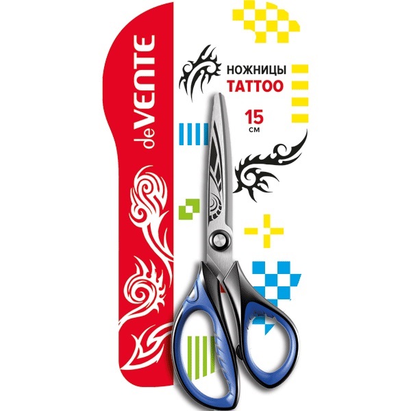 Ножницы канцелярские 'deVENTE. Tattoo' 15 см, двухцветные прорезиненные кольца, 4091800