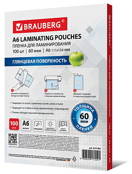 Пленки-заготовки для ламинирования МАЛОГО ФОРМАТА, А6, КОМПЛЕКТ 100 шт., 60 мкм, BRAUBERG, 531784